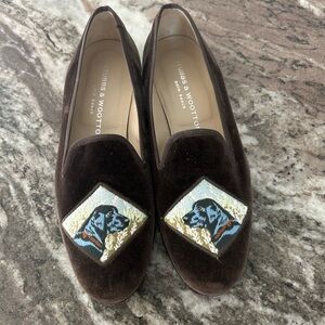 Stubbs & Wootton Brown Velvet Loafers w/ Dog Embroidery GUC (run small) 7.5